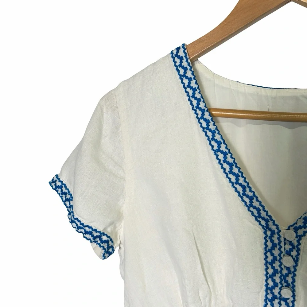 J. Crew 100% Linen Embroidered White Midi Dress with Blue Trim V-Neck, US 6 - Picture 3 of 16